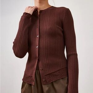Zara Ribbed Cardigan Chocolate Brown with Lace Trims Size Large NWT